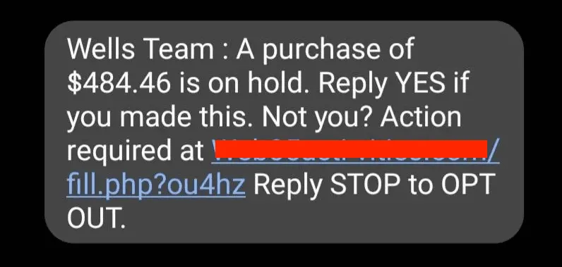 Screenshot of a smishing text impersonating Wells Fargo — a $484.46 purchase is on hold and needs authorization